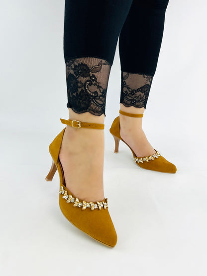 Brown Petal Flowers Studded Ankle Strap leather Heels