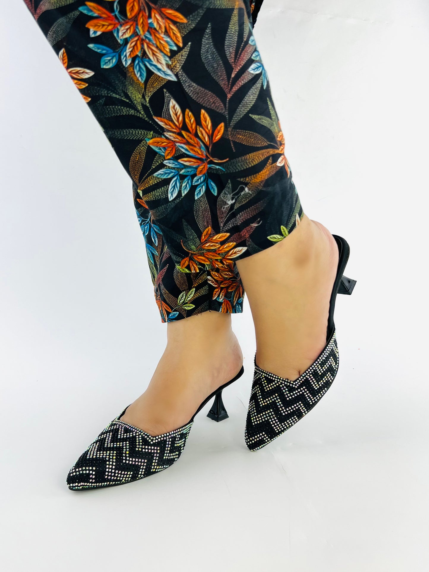 Black Diamond Stones Studded Embroidery Kitten Heel