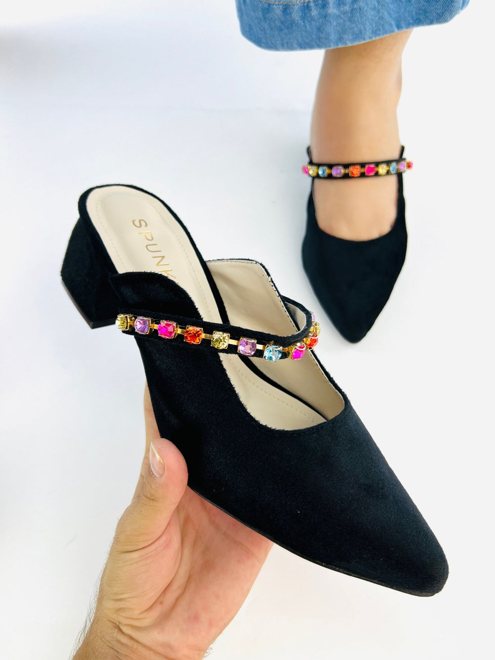Jewel Black Mules Block Heels (11006) - Spunkz
