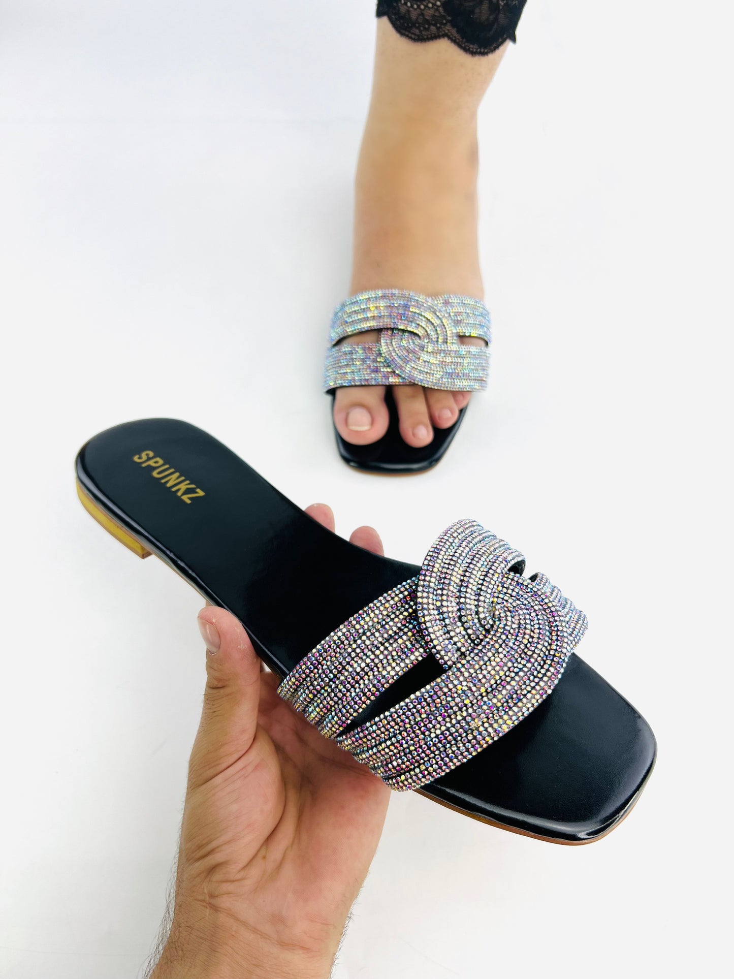 Spunkz Crystal Embellished Diamanté Knotted Straps Slides