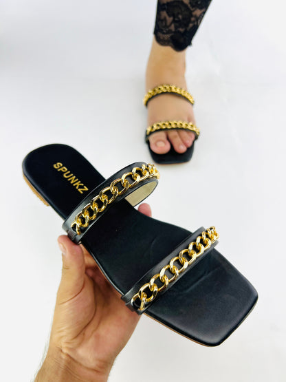 Ziva Black Stone Chain Embellished Square Toe Flat Sandals