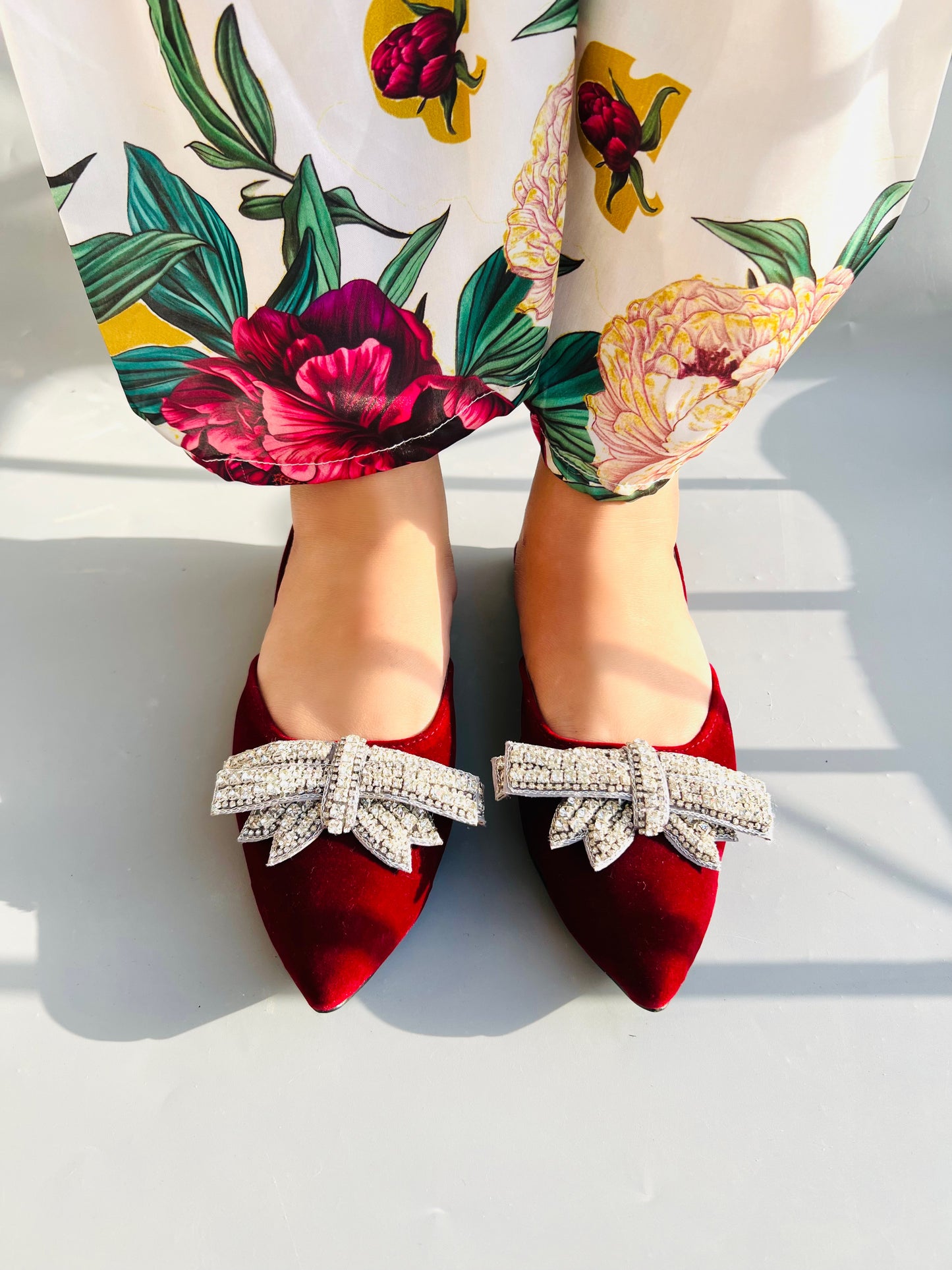 Spunkz Diamond Stones Bow Tie Maroon Slingback Flats