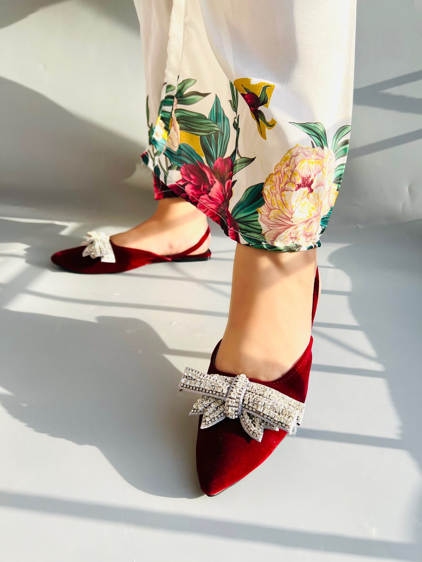 Spunkz Diamond Stones Bow Tie Maroon Slingback Flats