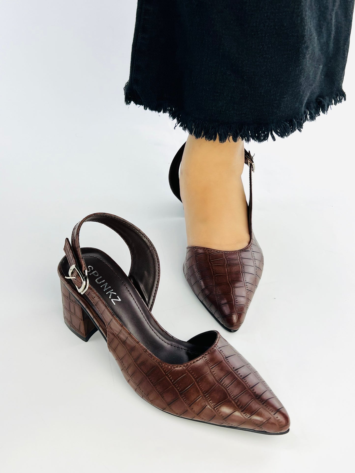 Spunkz Wood Embossed Croc Pattern Slingback Block Heel