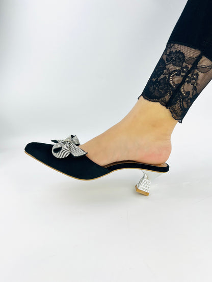 Spunkz Pointed Toe Black Velvet Mules with Rhinestone Kitten Heels