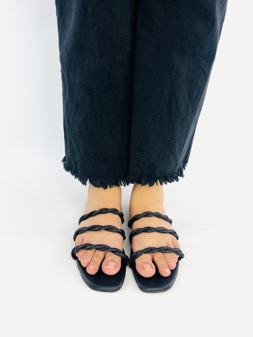 Quilted Black Flat Sandals (11084) - Spunkz