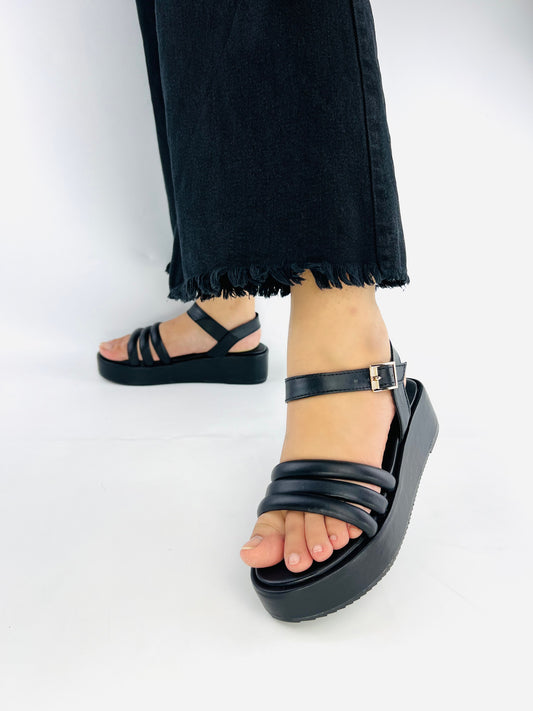 Spunkz Cross Strap Platform Wedge Heel Sandals in Black Faux Leather-11027