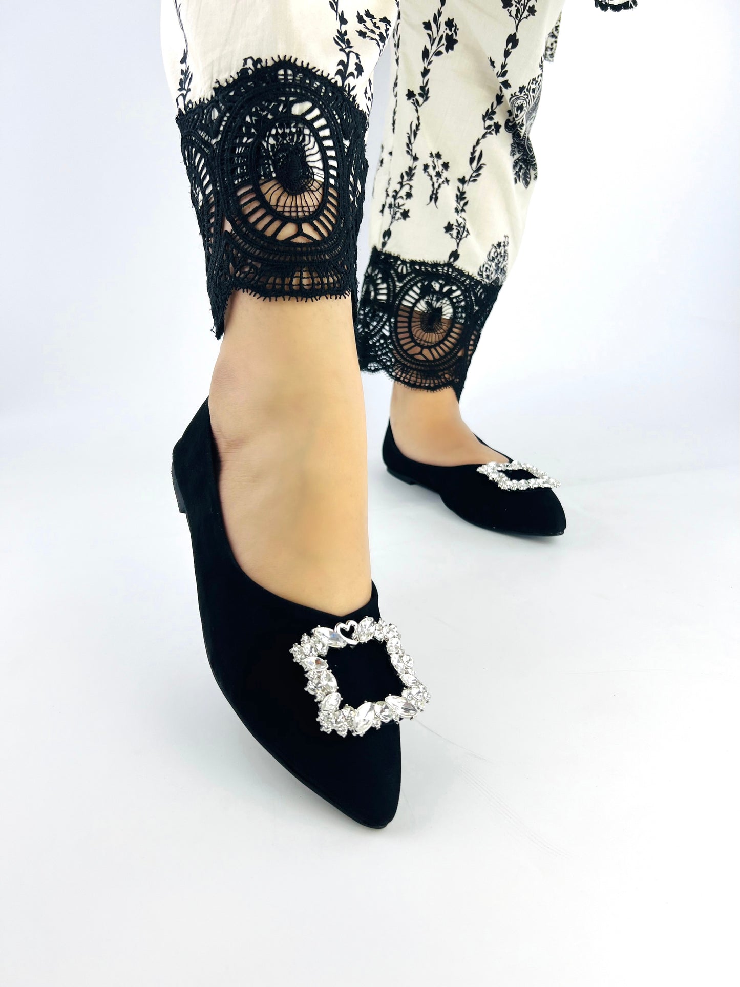 Myla Black Rhinestone Decor Point Toe Flat Shoes