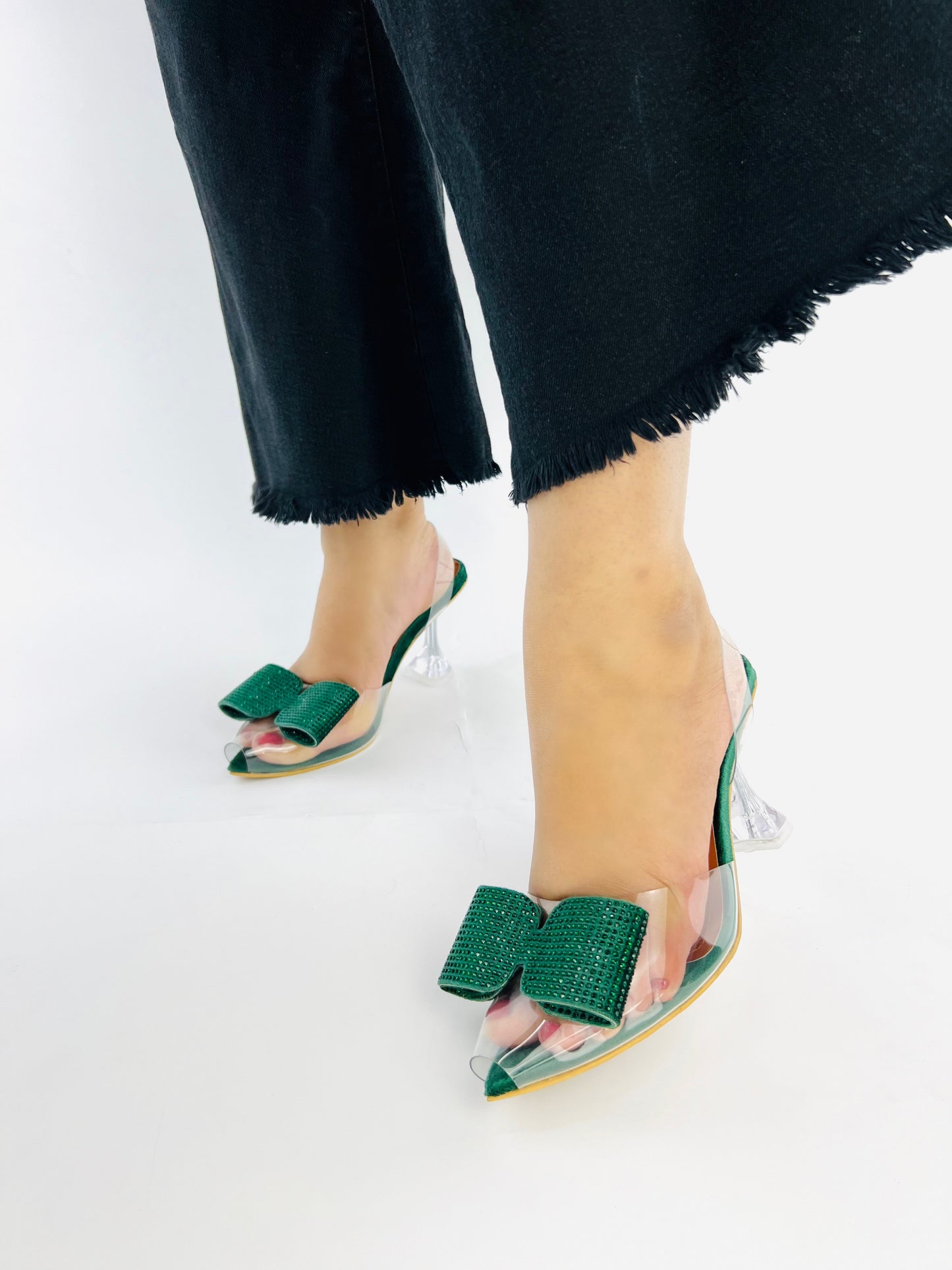 Green Romeo Crystal Bow Transparent Cinderella Heels