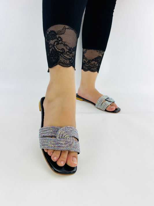 Spunkz Crystal Embellished Diamanté Knotted Straps Slides