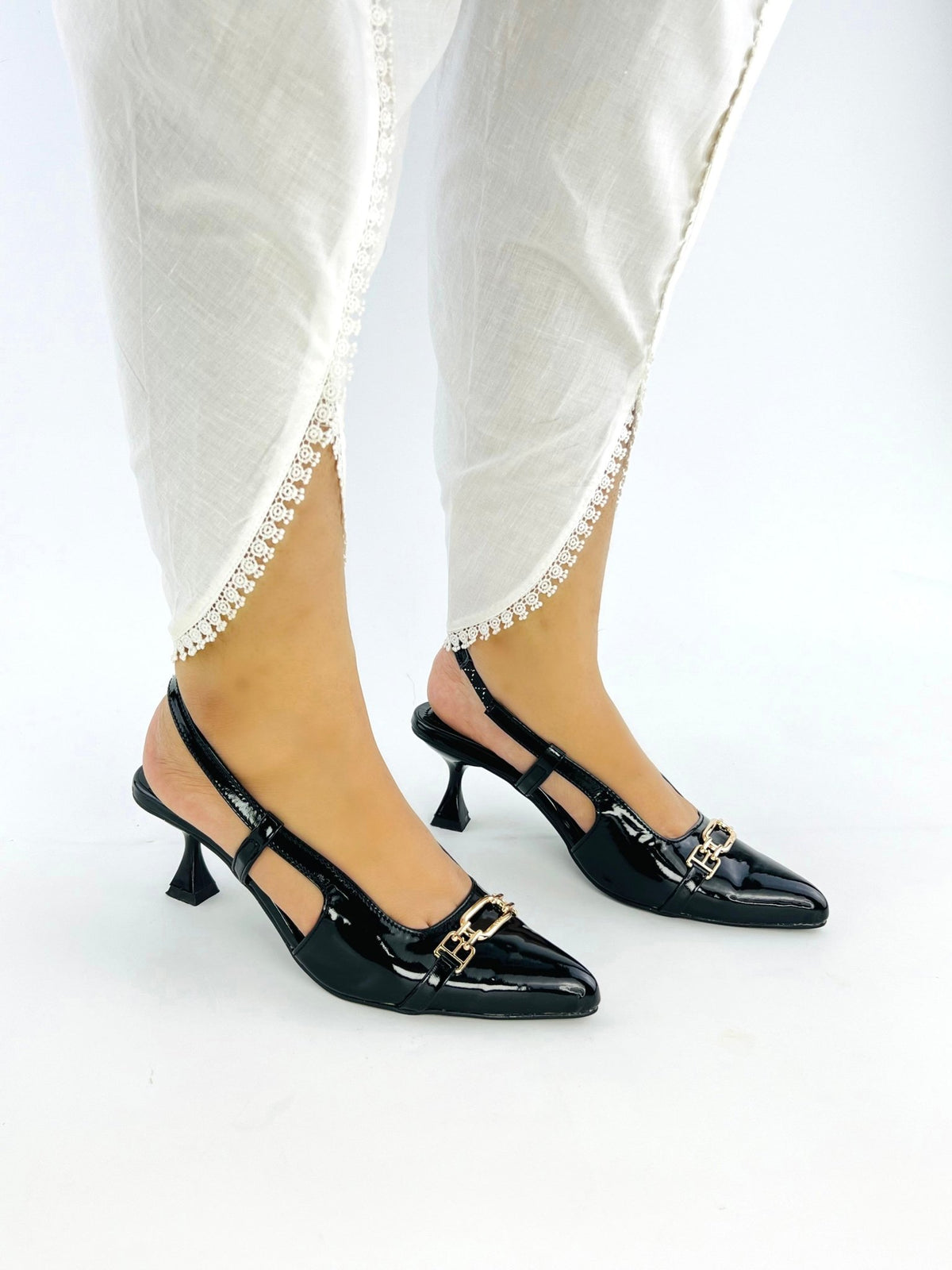Black Patent Slingback Heels - Spunkz