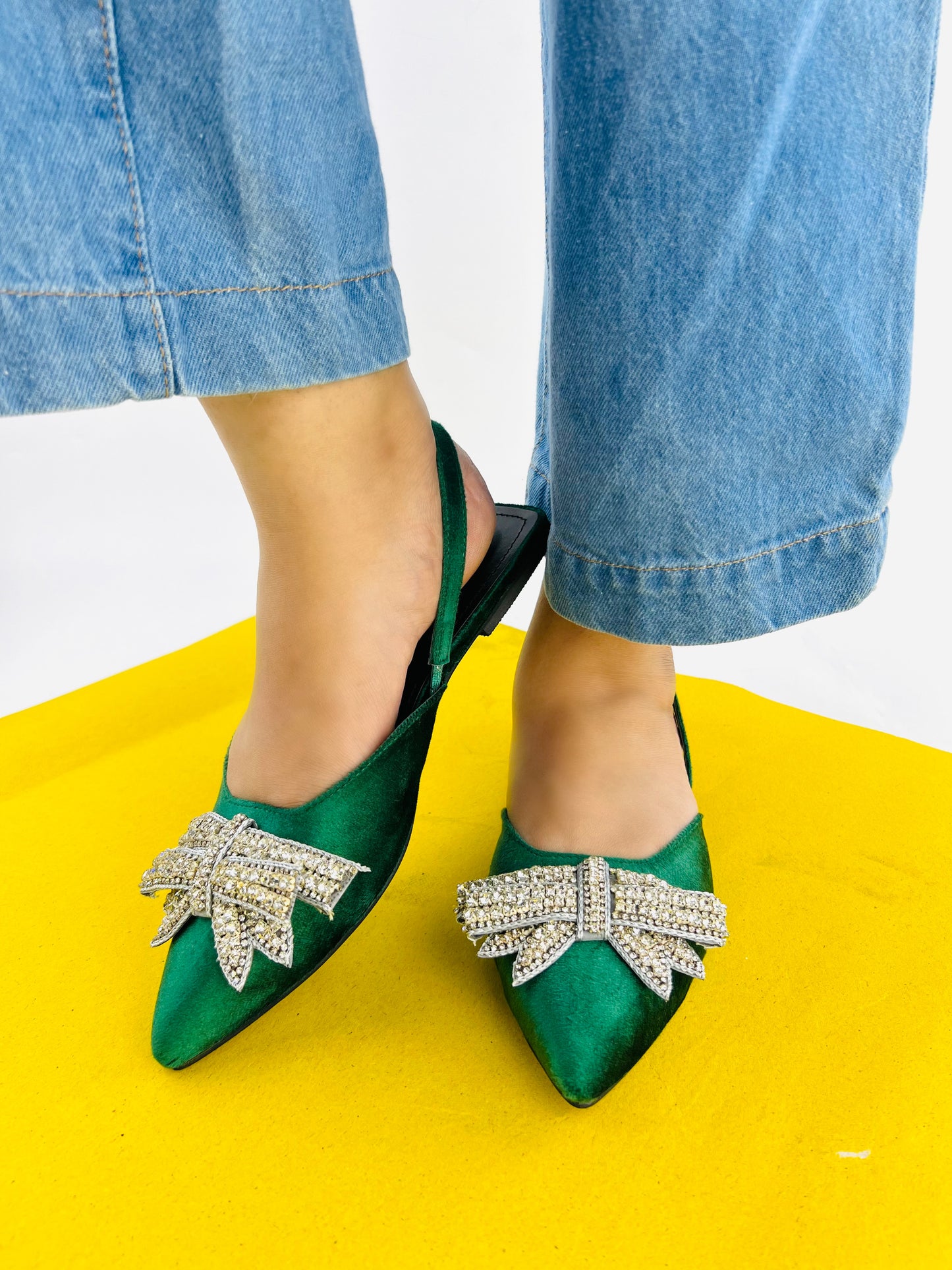 Spunkz Pointed Toe Rhinestone Bow Knot Green Slingback Flats