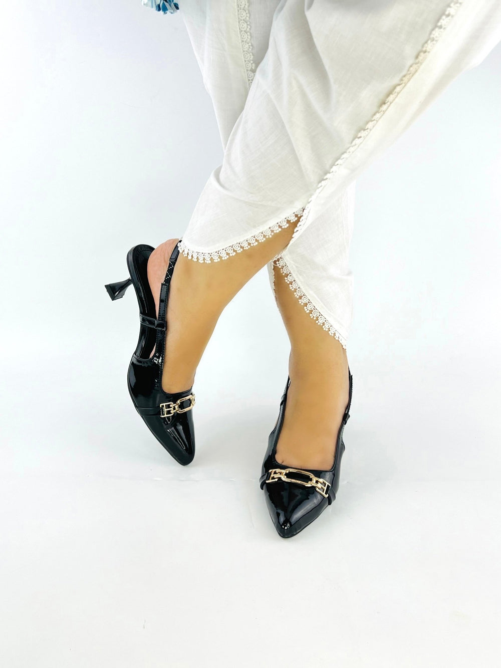 Black Patent Slingback Heels - Spunkz