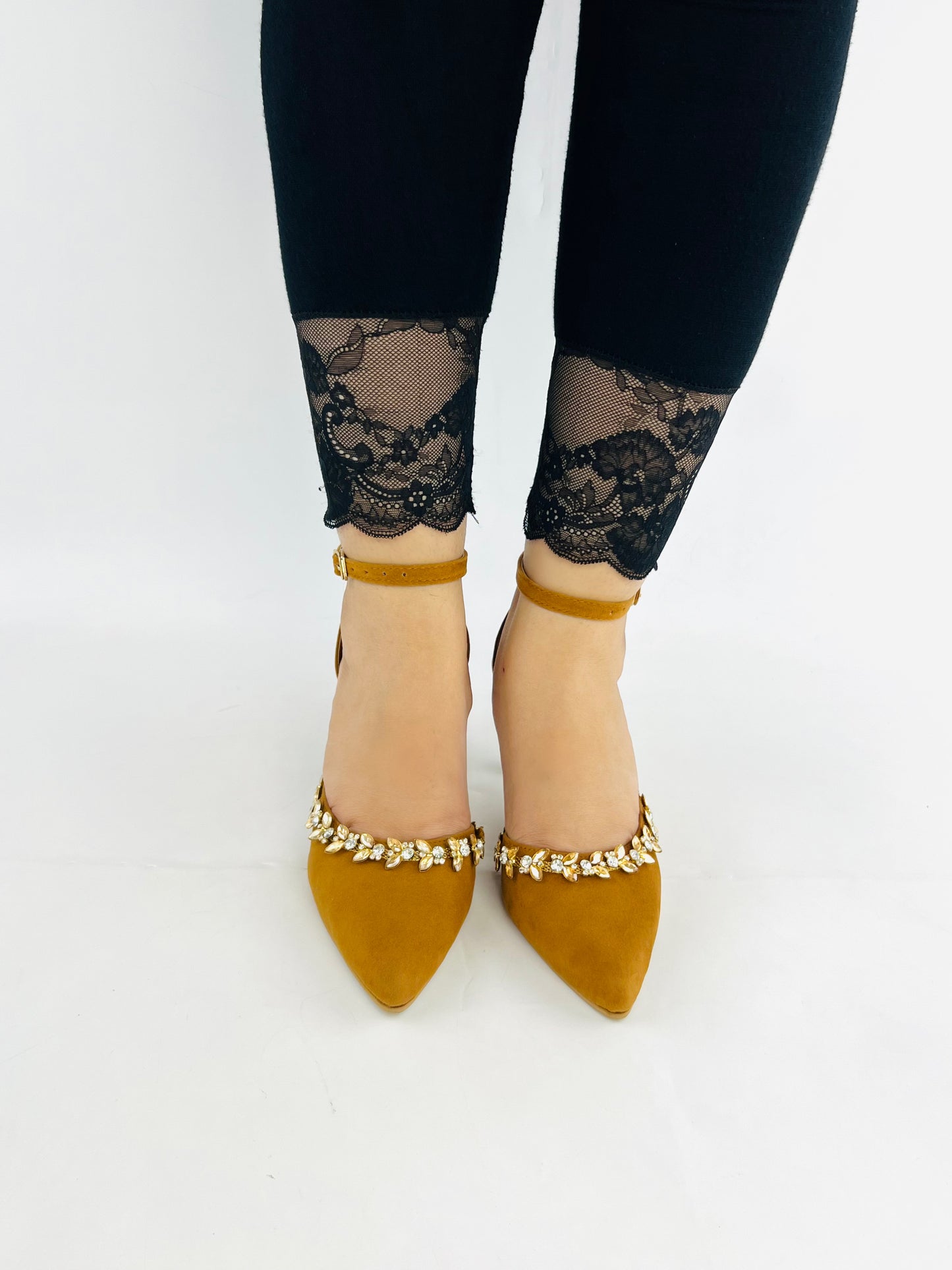 Brown Petal Flowers Studded Ankle Strap leather Heels