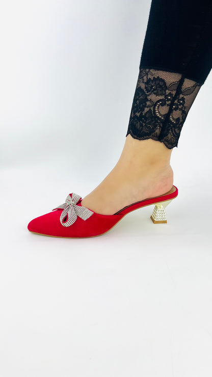 Spunkz Pointed Toe Mid Heel Red Butterfly-Knot Slip-On Sandals