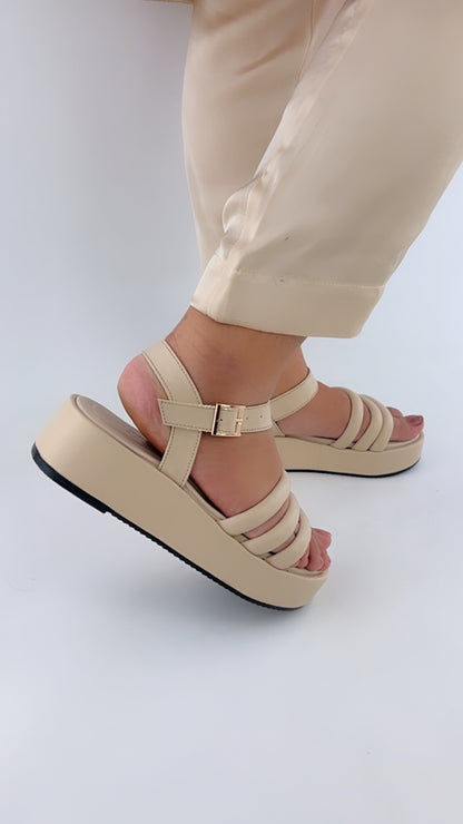 Spunkz Beige Patent Comfy Ankle Strap Platform Wedge Sandals