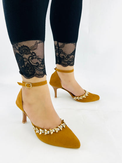 Brown Petal Flowers Studded Ankle Strap leather Heels