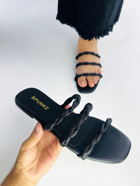 Quilted Black Flat Sandals (11084) - Spunkz