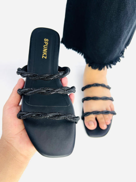 Quilted Black Flat Sandals (11084) - Spunkz