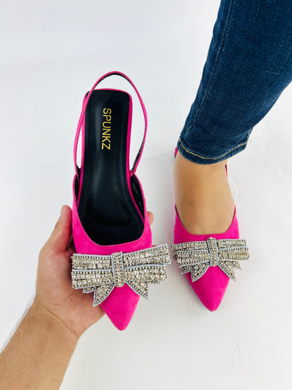 Spunkz Pink Rhinestone Bowknot Velvet Flat Mules