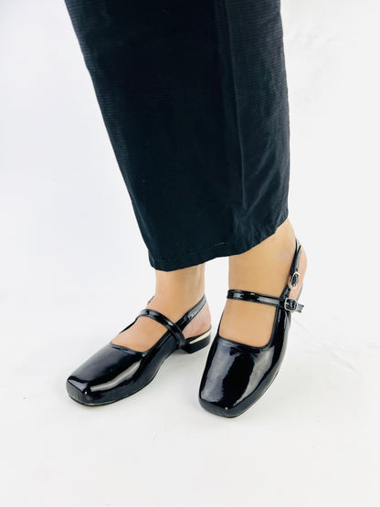 Black Patent Leather Open Back Square Toe Heel Shoes