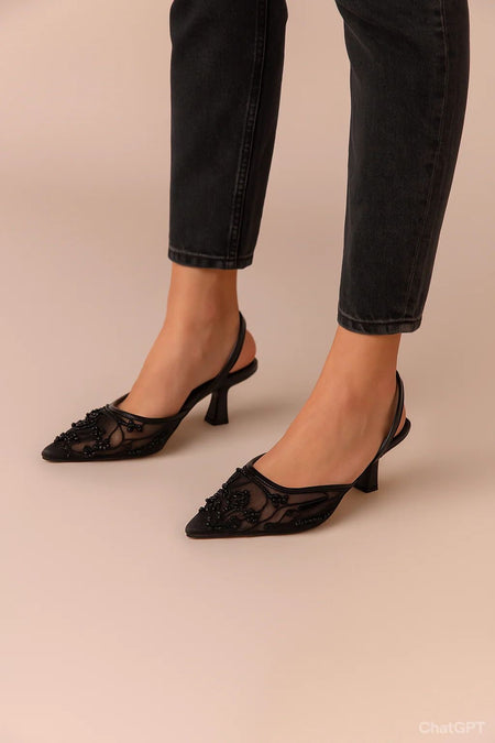 Black Floral Embroidery Slingback Heels 90039