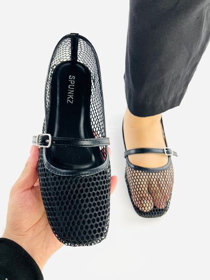 Spunkz Black Mesh Ballet Fishnet Flats