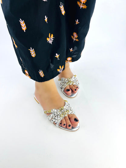 Women's Metallic Silver Rhinestone Embellished Flat Slides