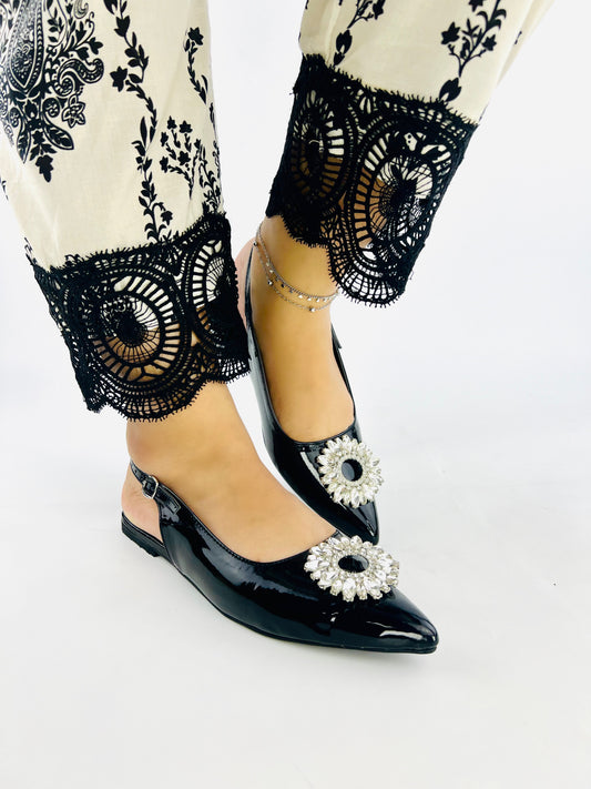 Spunkz Black Slingback Sun Buckle Flat Pumps