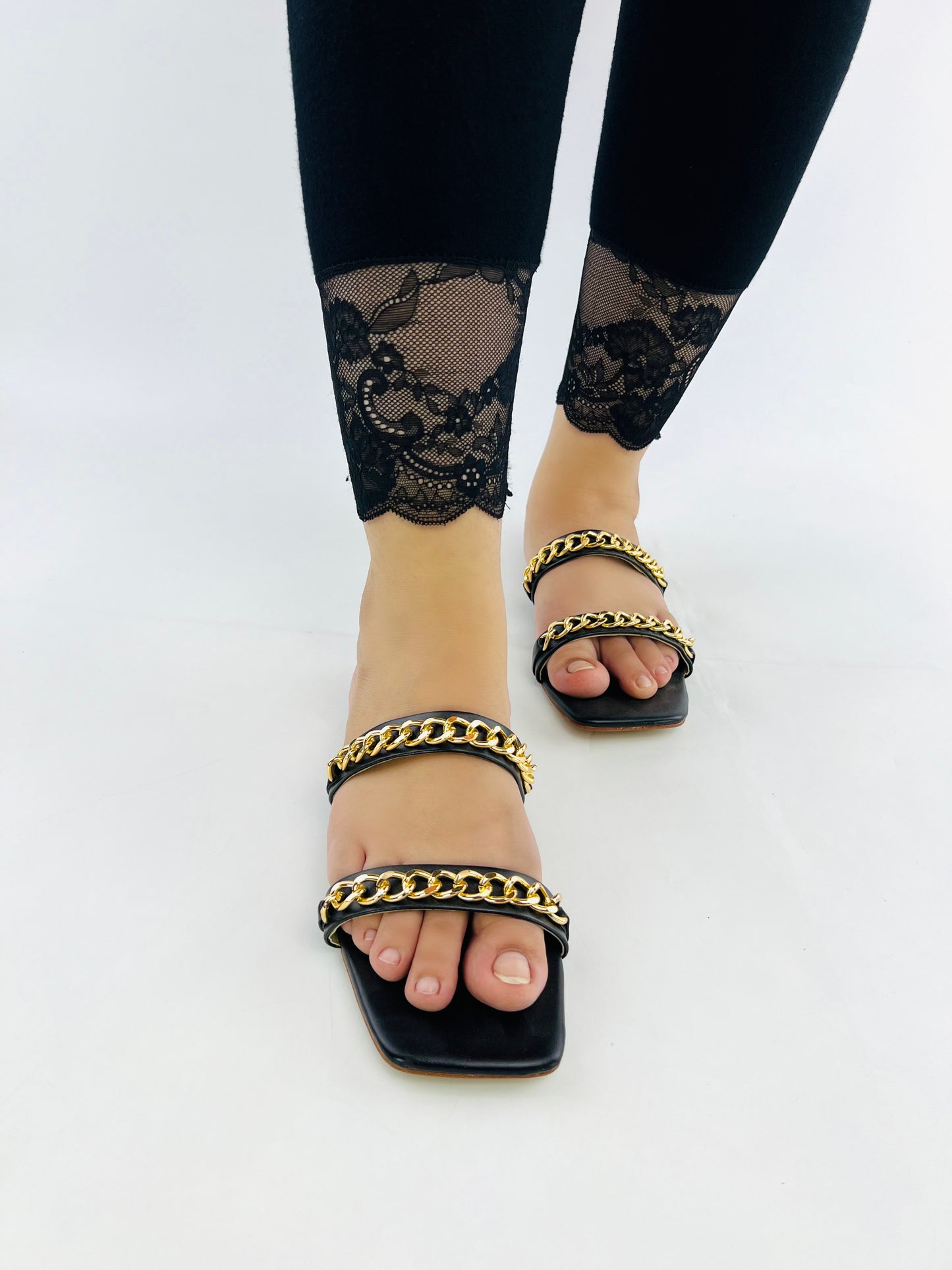 Ziva Black Stone Chain Embellished Square Toe Flat Sandals