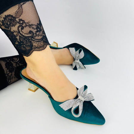 Velvet Bow Mule Sandals (Green) - Spunkz