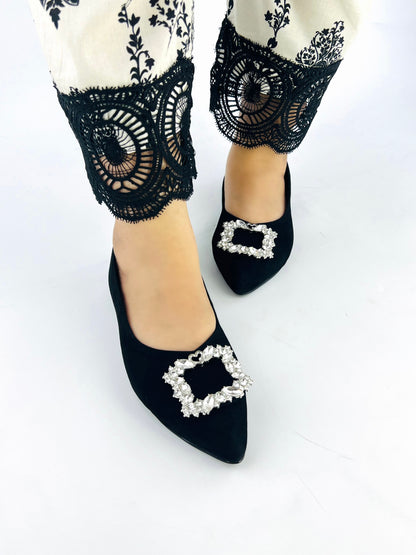 Myla Black Rhinestone Decor Point Toe Flat Shoes