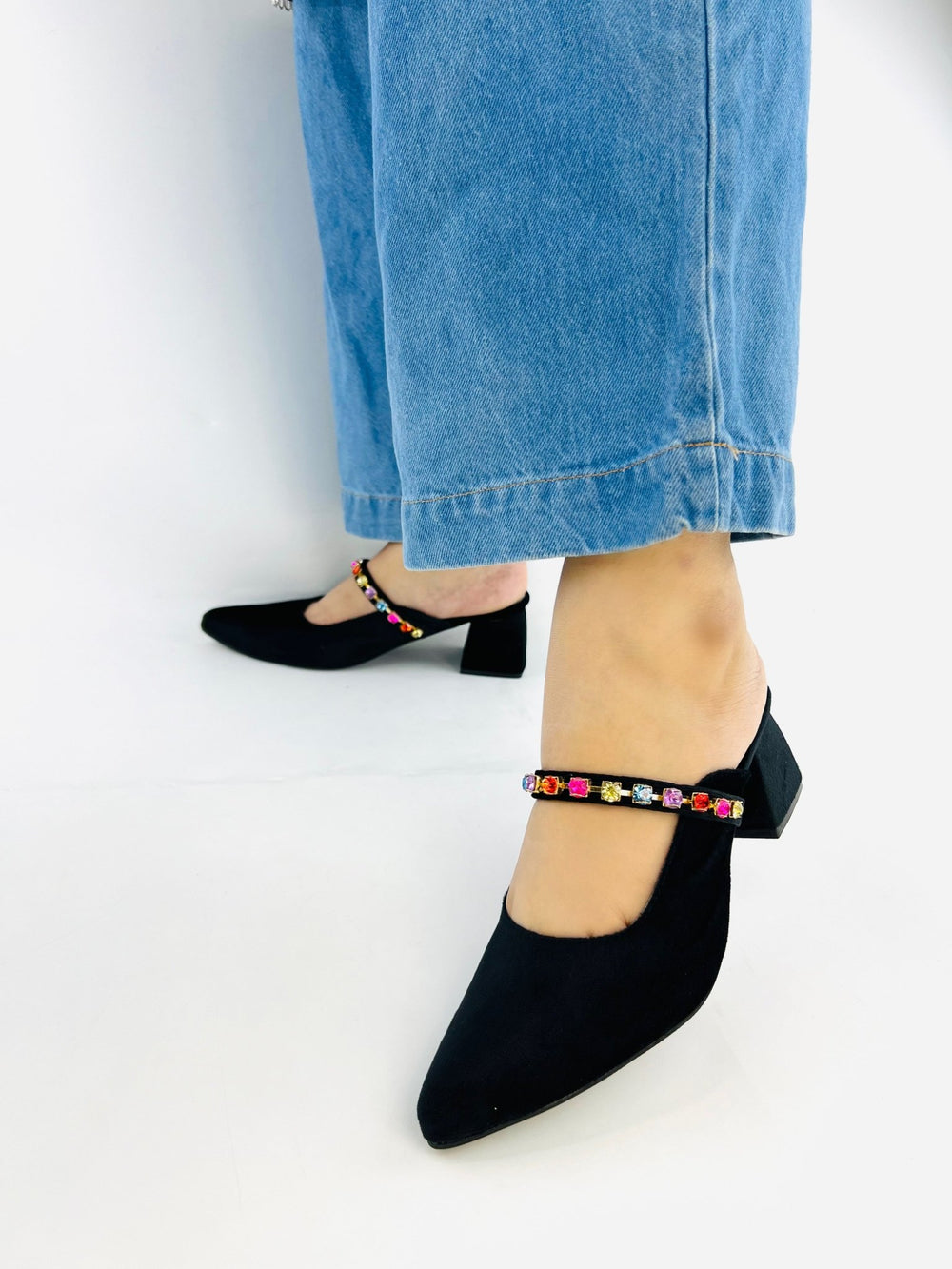 Jewel Black Mules Block Heels (11006) - Spunkz