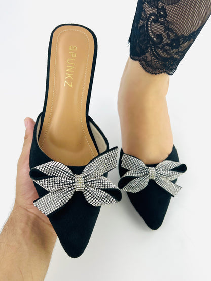 Spunkz Pointed Toe Black Velvet Mules with Rhinestone Kitten Heels