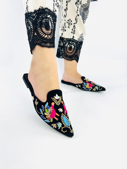 Spunkz Peacock Hand Embroidery Black Velvet Flat Mules