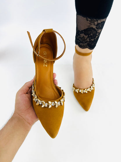 Brown Petal Flowers Studded Ankle Strap leather Heels