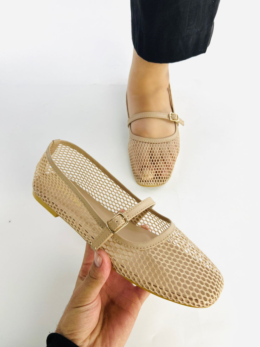 Fishnet Beige Ballet Pumps - Spunkz