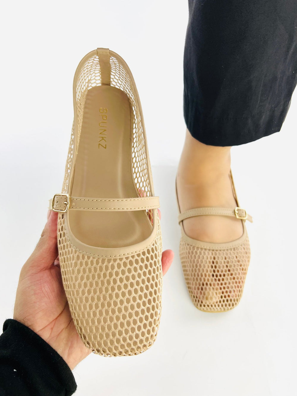 Fishnet Beige Ballet Pumps - Spunkz