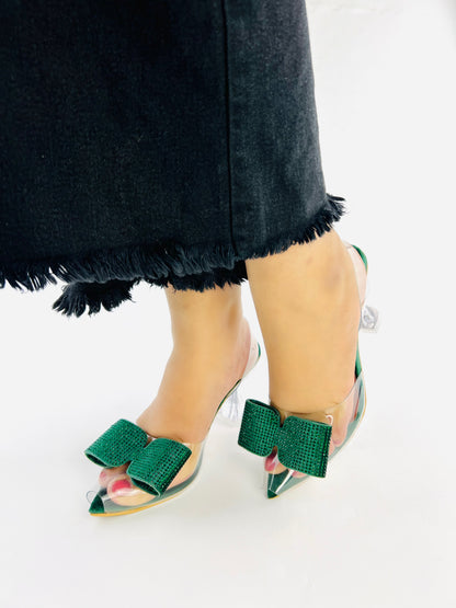 Green Romeo Crystal Bow Transparent Cinderella Heels