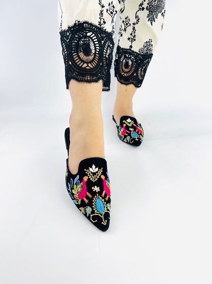 Spunkz Peacock Hand Embroidery Black Velvet Flat Mules