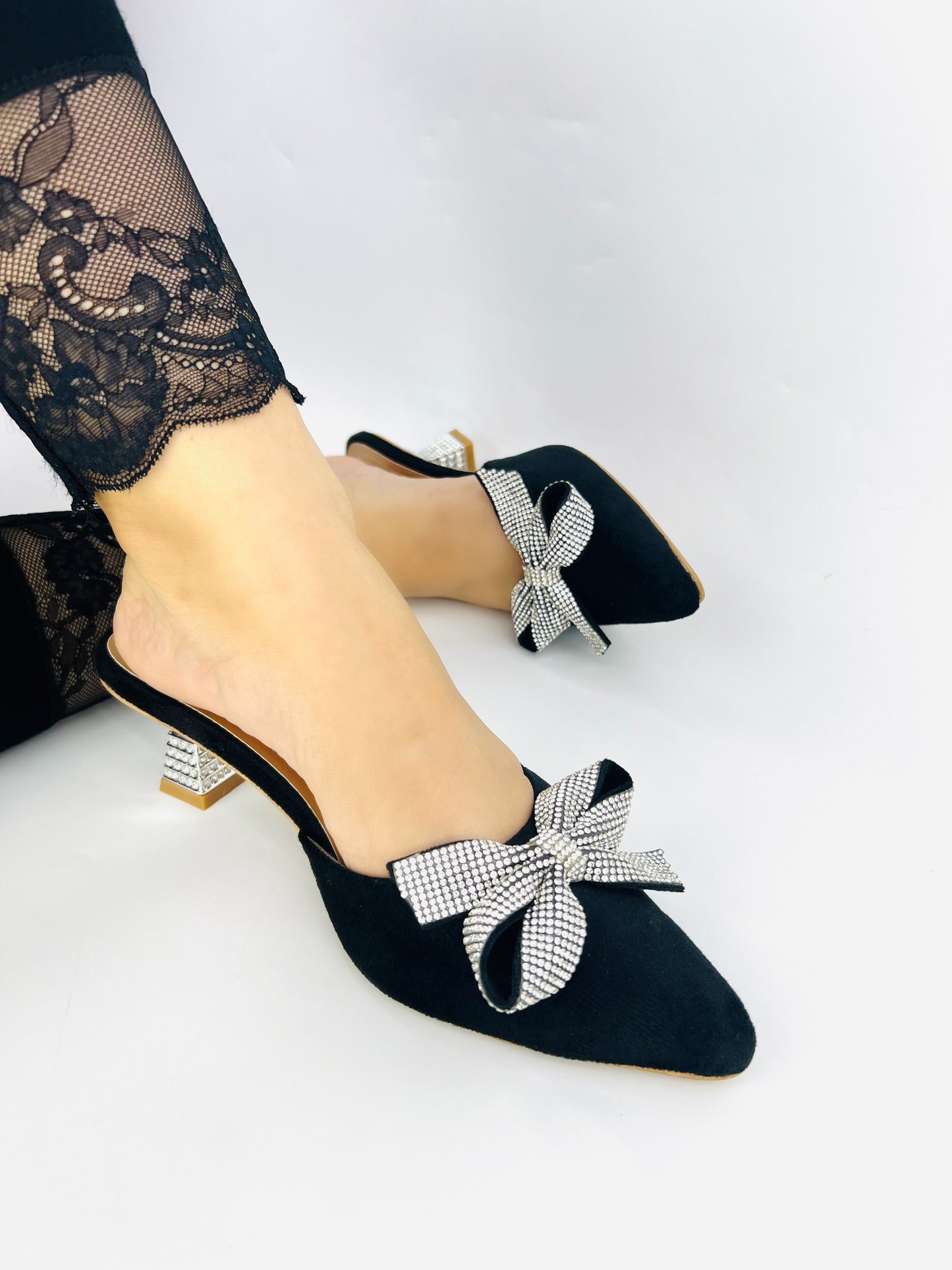 Spunkz Pointed Toe Black Velvet Mules with Rhinestone Kitten Heels