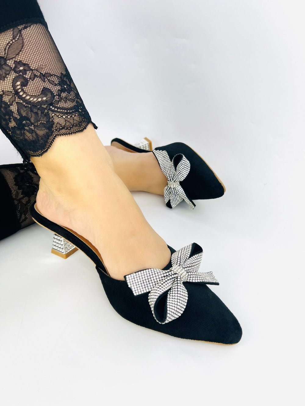 Velvet Bow Mule Heels (Black) - Spunkz