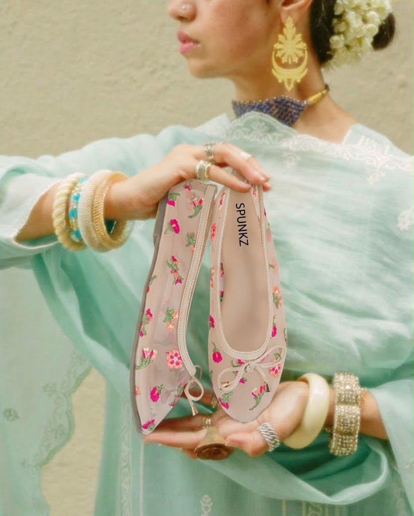 Beige Floral Embroidery Ballet Pumps