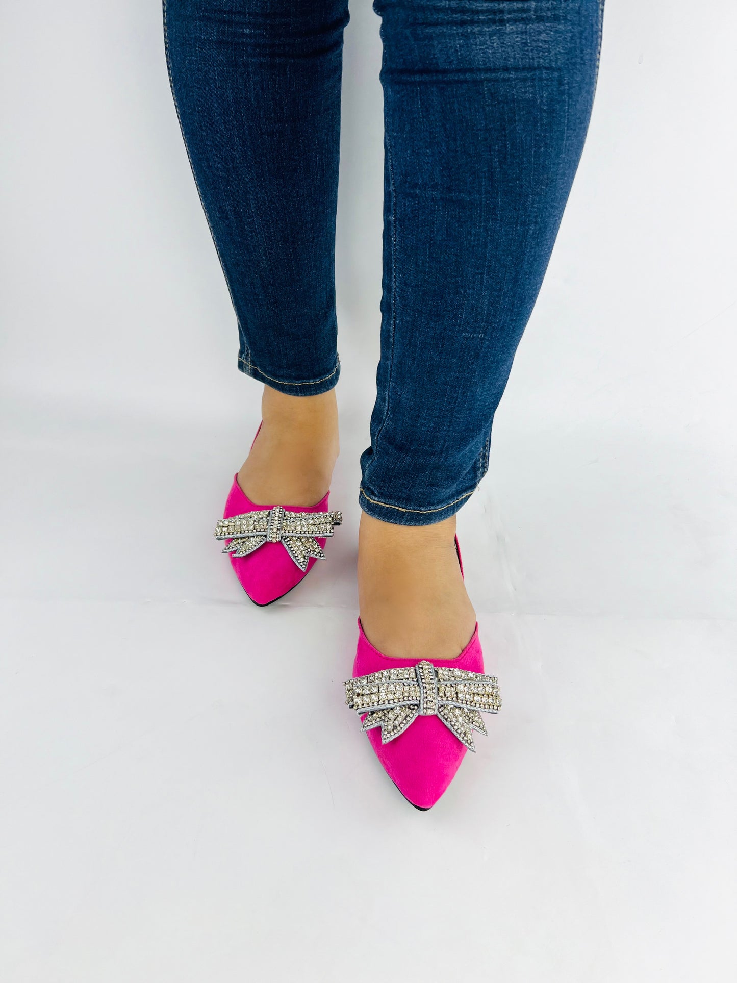 Spunkz Pink Rhinestone Bowknot Velvet Flat Mules