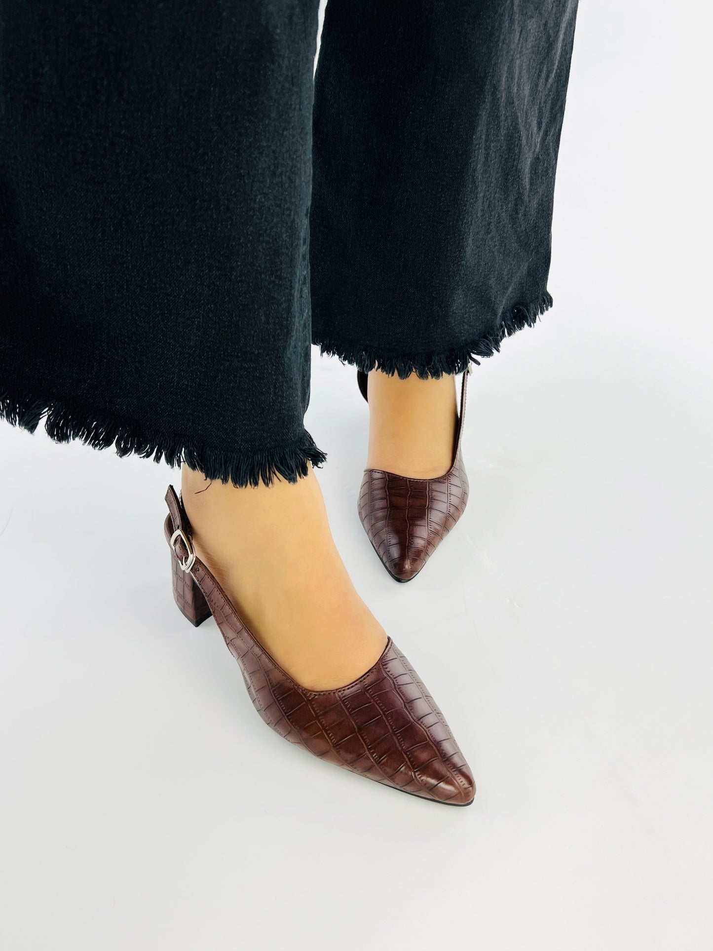 Spunkz Wood Embossed Croc Pattern Slingback Block Heel