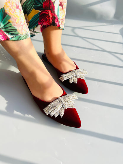 Spunkz Diamond Stones Bow Tie Maroon Slingback Flats