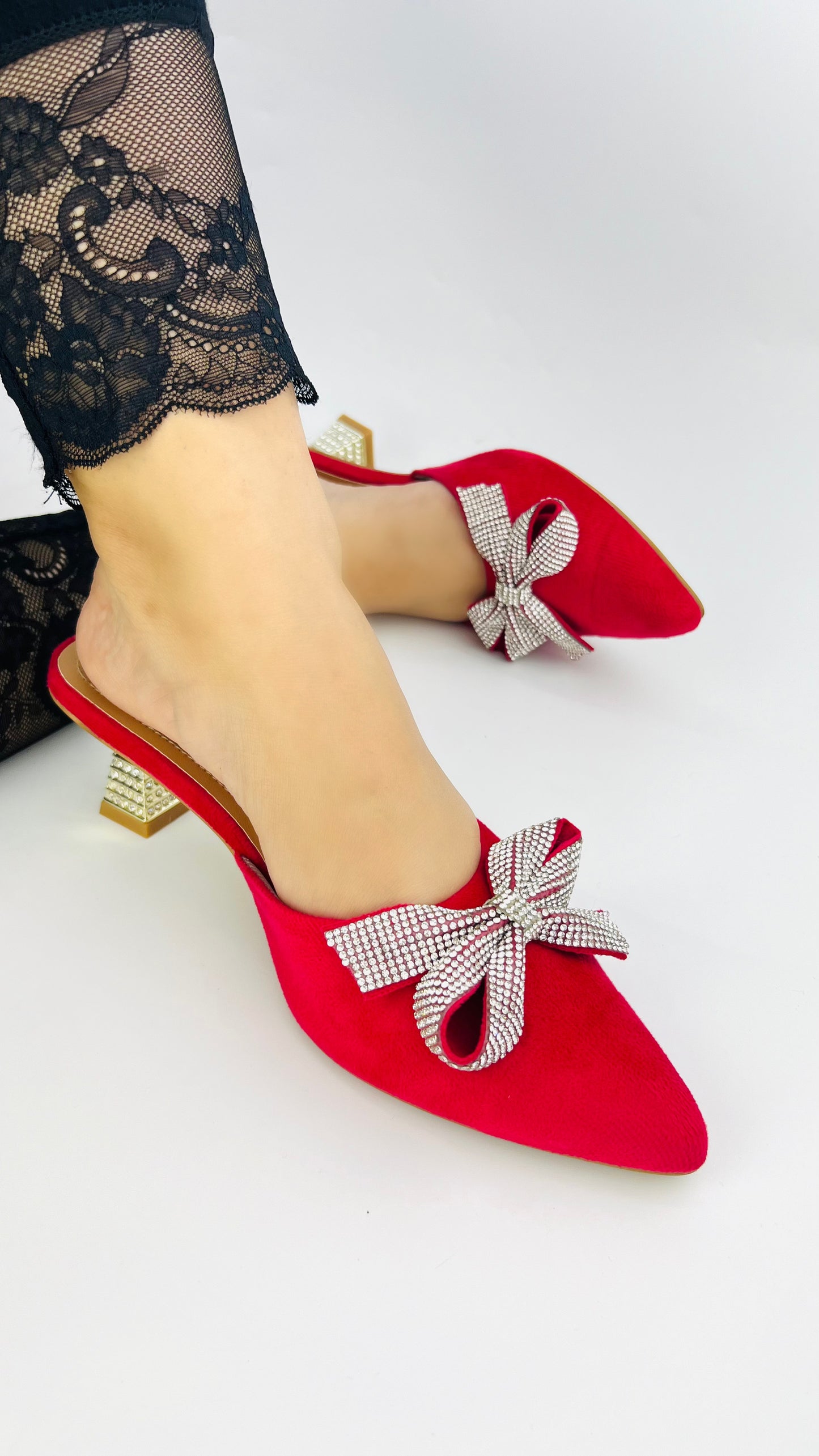 Spunkz Pointed Toe Mid Heel Red Butterfly-Knot Slip-On Sandals