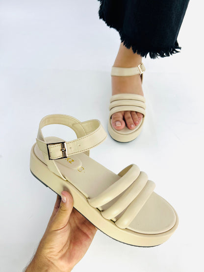 Spunkz Beige Patent Comfy Ankle Strap Platform Wedge Sandals-11027