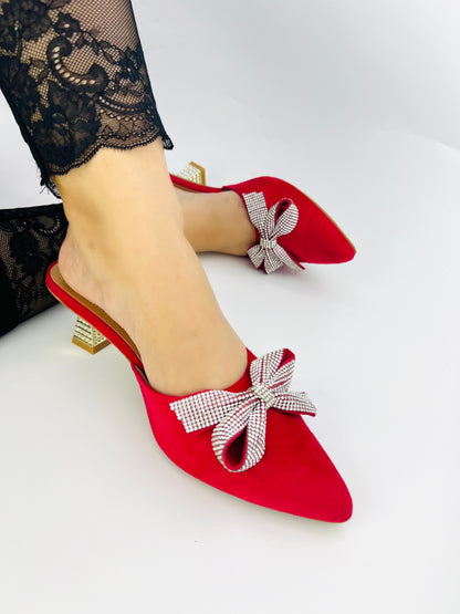 Spunkz Pointed Toe Mid Heel Red Butterfly-Knot Slip-On Sandals