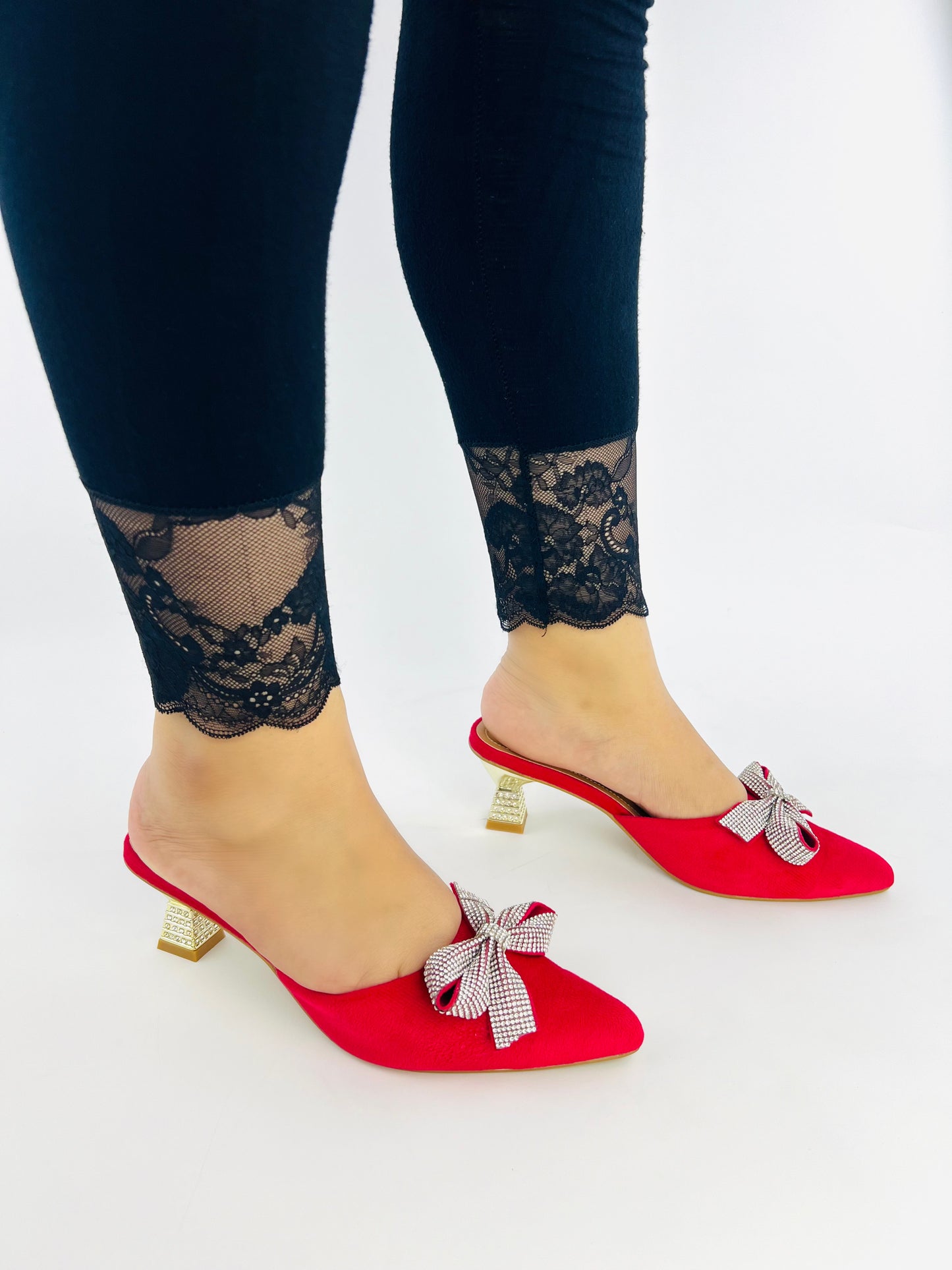 Spunkz Pointed Toe Mid Heel Red Butterfly-Knot Slip-On Sandals